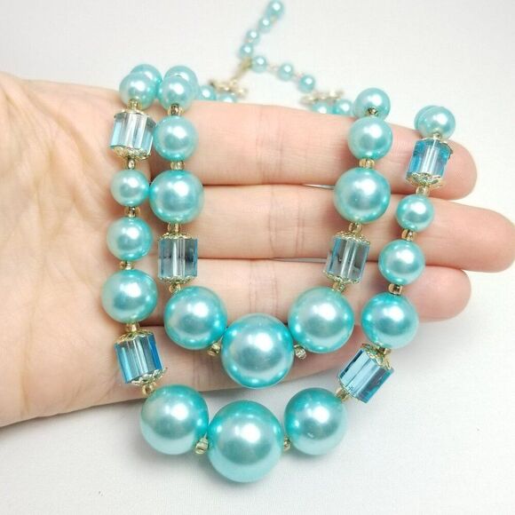 Vintage Blue Two Strand Beaded Necklace, Graduated Size Adjustable Clasp, Estate - Picture 3 of 7